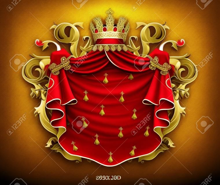 Heraldic background with a red ermine royal mantle with a crown and shield.  3D vector. High detailed realistic illustration