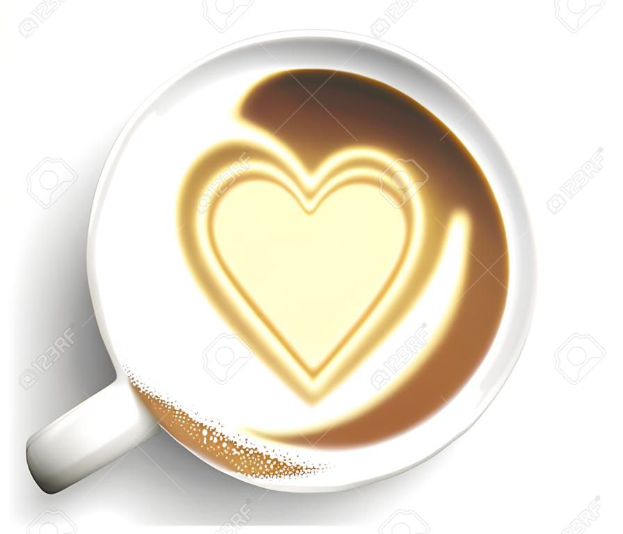 Taza de porcelana blanca con café negro y espuma sobre fondo marrón. En la copa hay un corazón en el medio. Alta ilustración realista detallada