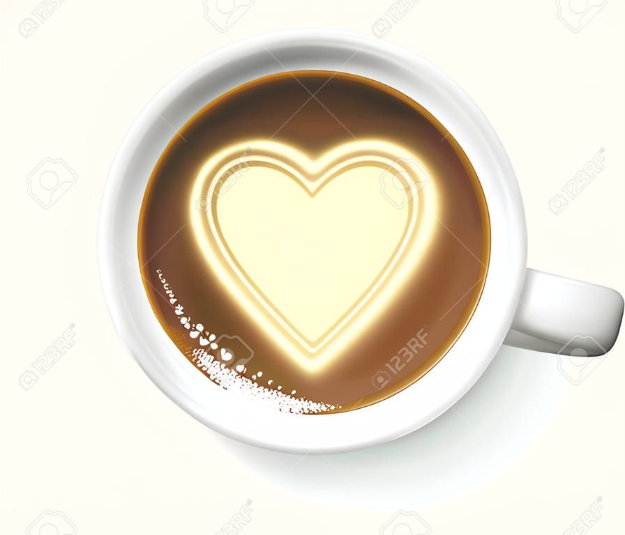 Tasse en porcelaine blanche avec café noir et mousse sur fond marron. Dans la tasse, il y a un cœur au milieu. Illustration réaliste très détaillée