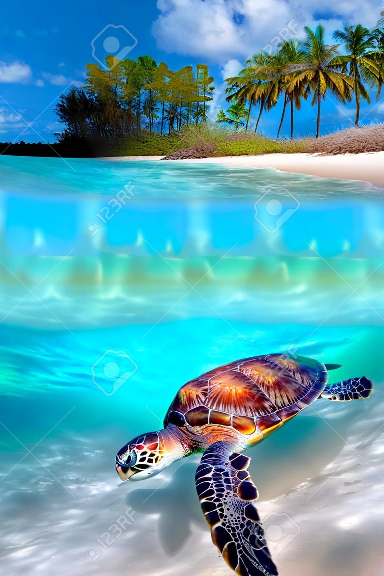 Зеленая морская черепаха и тропический пляж выше и ниже воды