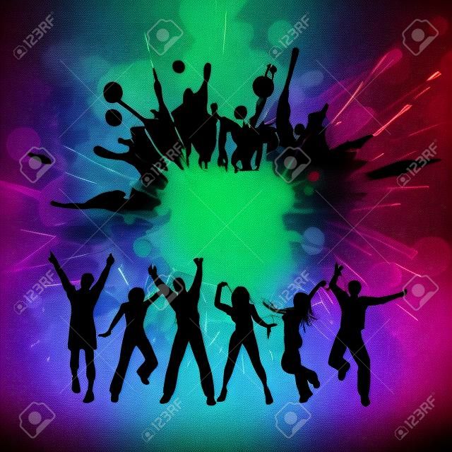 Siluetas de un grupo de personas bailando sobre un fondo de grunge