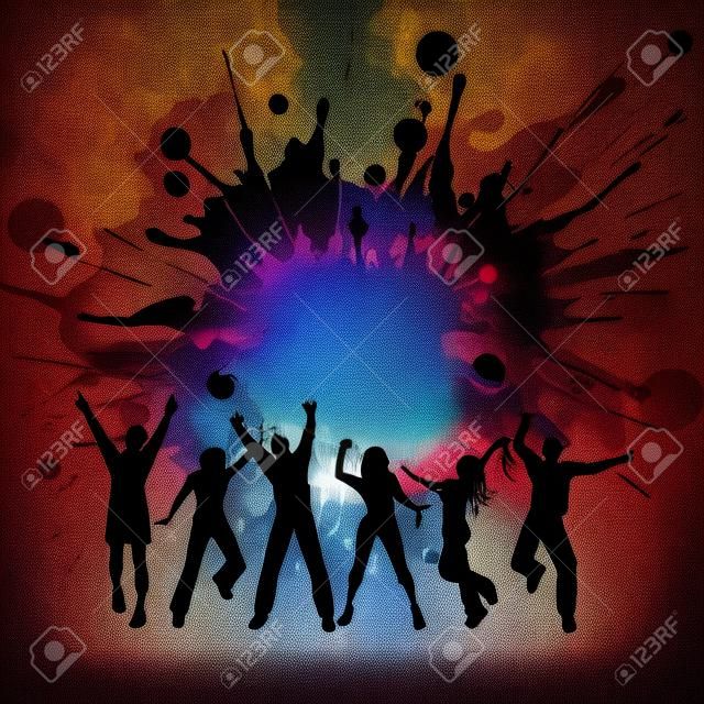 Siluetas de un grupo de personas bailando sobre un fondo de grunge