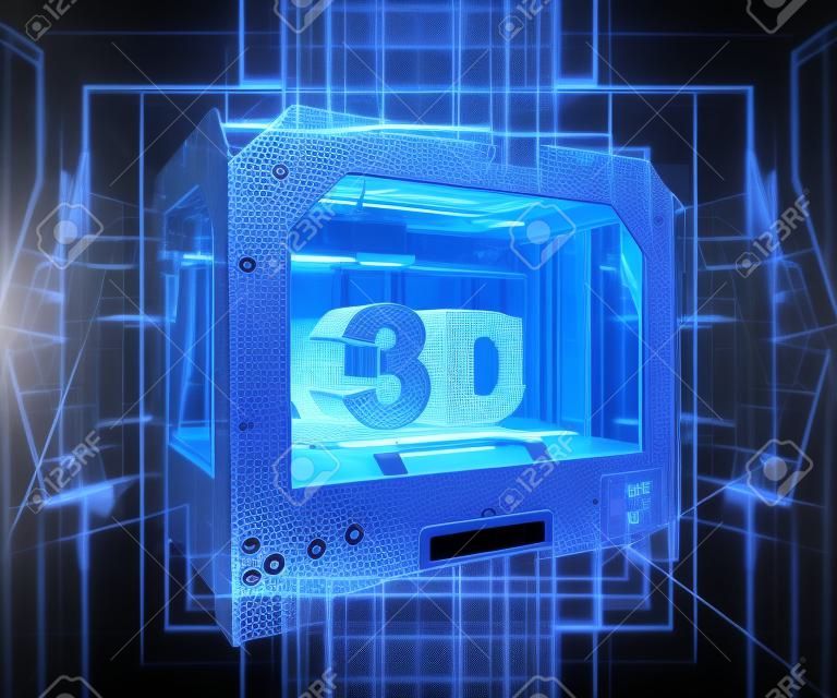 Renderização 3D de uma impressora 3D com um design futurista