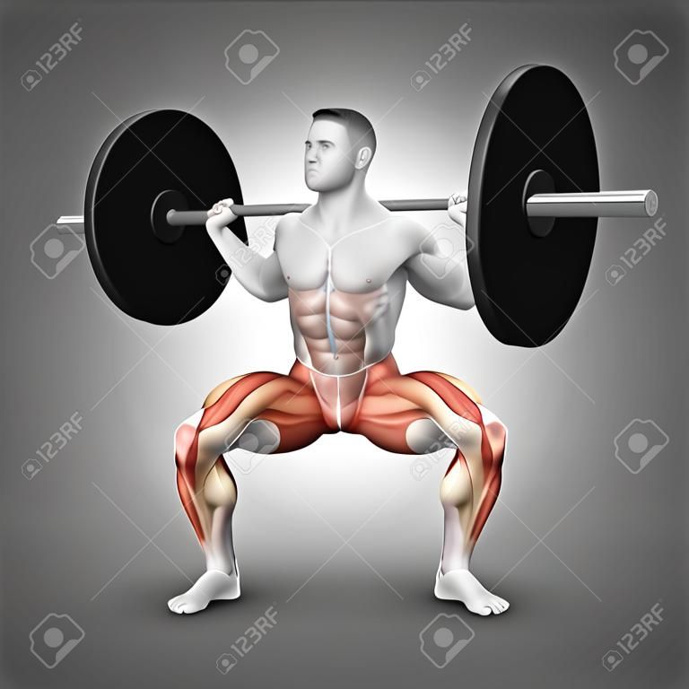 3D render of a male figure in barbell plie squat pose with muscles used highlighted