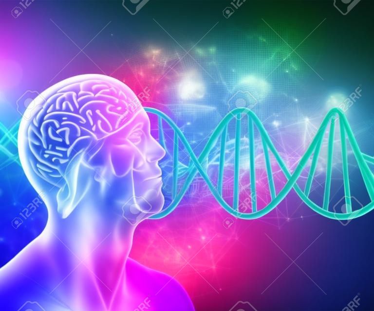 Fondo médico 3D con cabeza masculina y cerebro en hebras de ADN