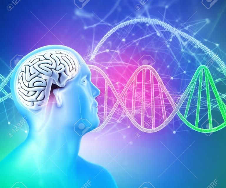 Fondo médico 3D con cabeza masculina y cerebro en hebras de ADN