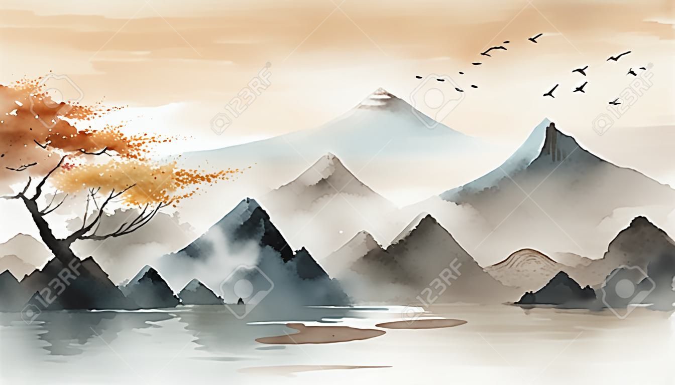 Abstract hand painted watercolour Japanese themed landscape background