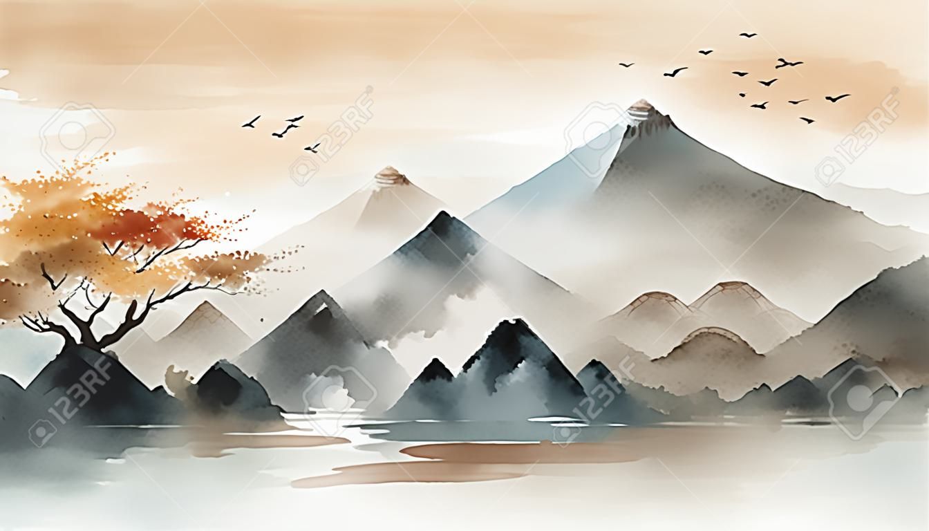 Abstract hand painted watercolour Japanese themed landscape background