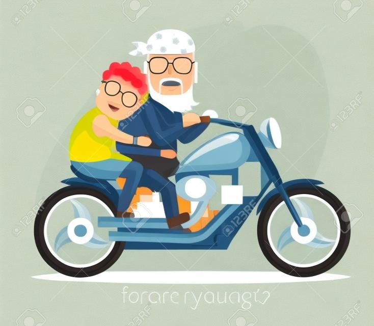 illustratie in een platte stijl. Oma en opa rijden op een motorfiets.