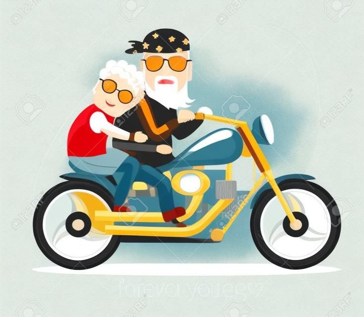 Illusztráció lapos stílusban. Nagymama és nagypapa motorkerékpáron.