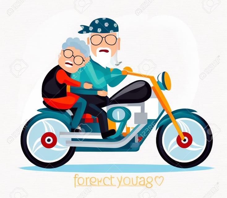 ilustracja w stylu płaskiej. Babcia i dziadek jadący na motocyklu.