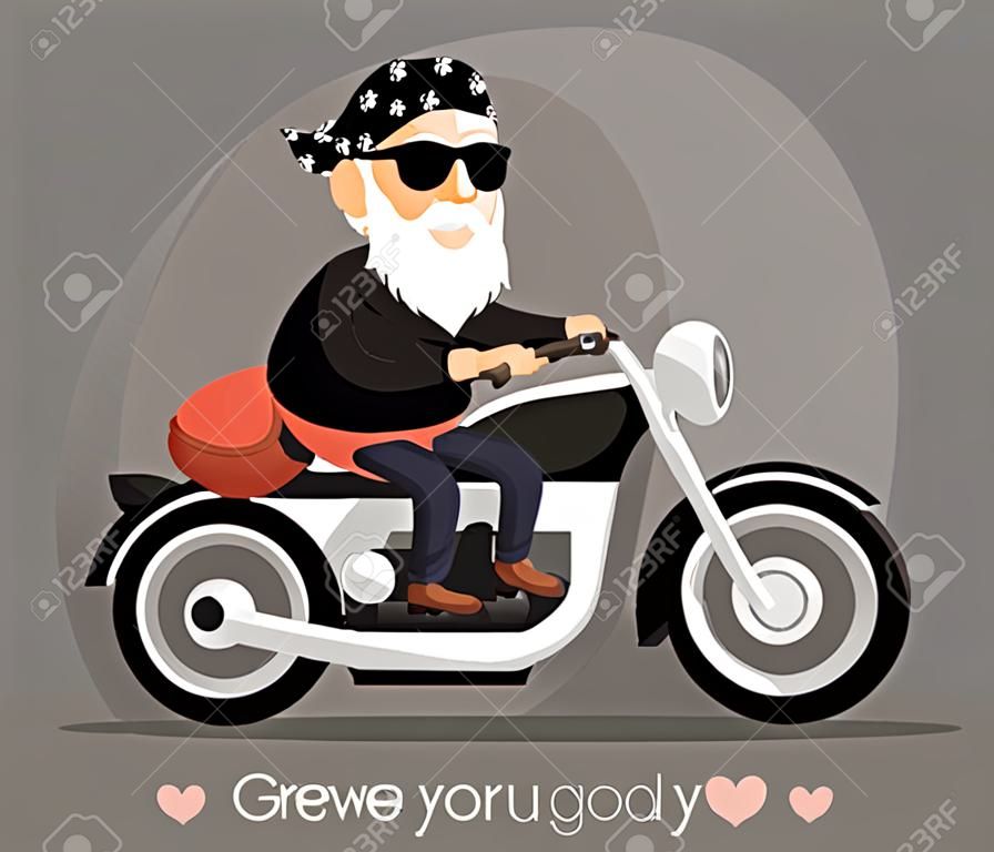 ilustración en un estilo plano. La abuela y el abuelo en una motocicleta.