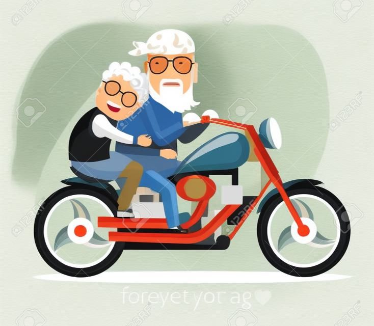 ilustracja w stylu płaskiej. Babcia i dziadek jadący na motocyklu.