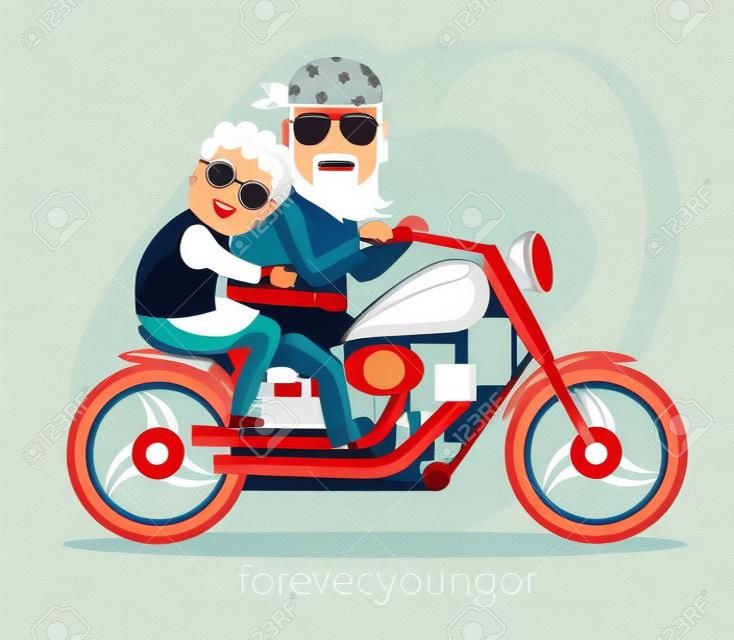 Abbildung in einem flachen Stil. Oma und Opa ein Motorrad fahren.