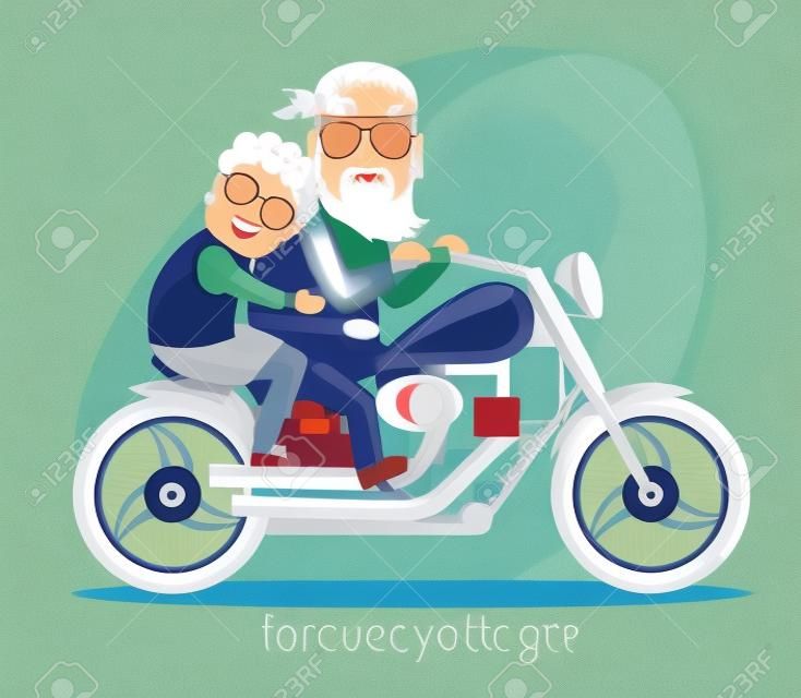 Illusztráció lapos stílusban. Nagymama és nagypapa motorkerékpáron.