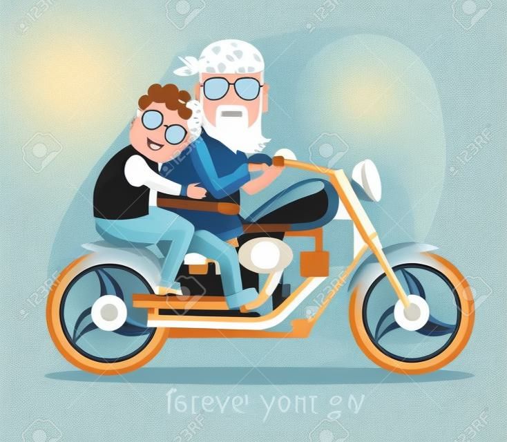 illustration in a flat style. Grandma and grandpa riding a motorcycle.