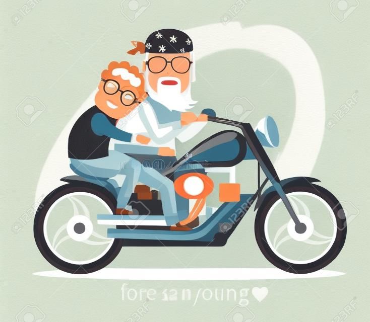 illustration in a flat style. Grandma and grandpa riding a motorcycle.