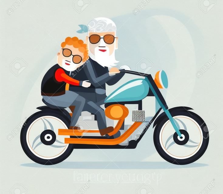 フラット スタイルのイラスト。おばあちゃんとおじいちゃんのバイクに乗る。