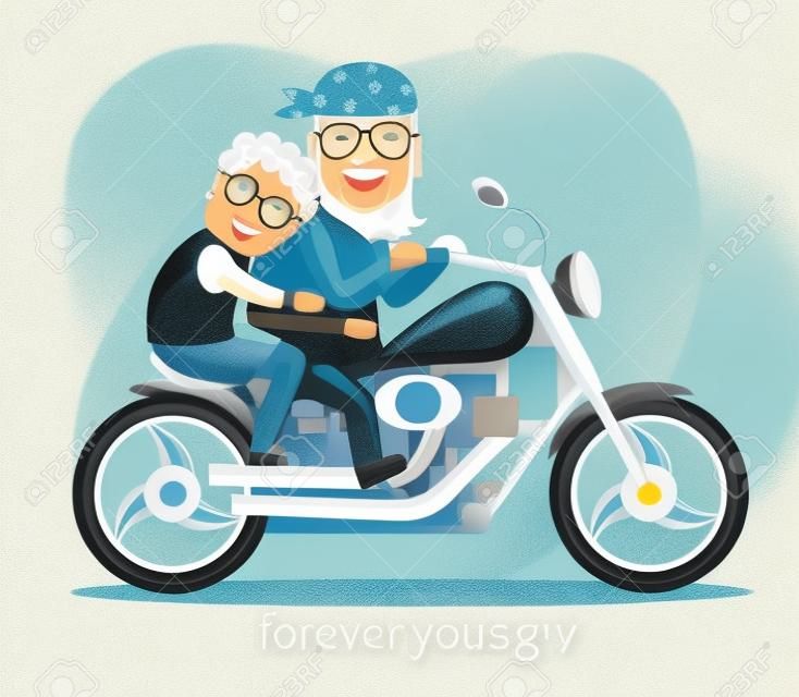 illustratie in een platte stijl. Oma en opa rijden op een motorfiets.