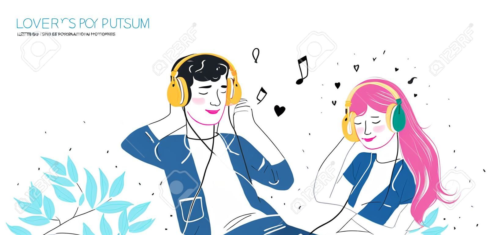 Los amantes del niño y la niña escuchan música en auriculares.