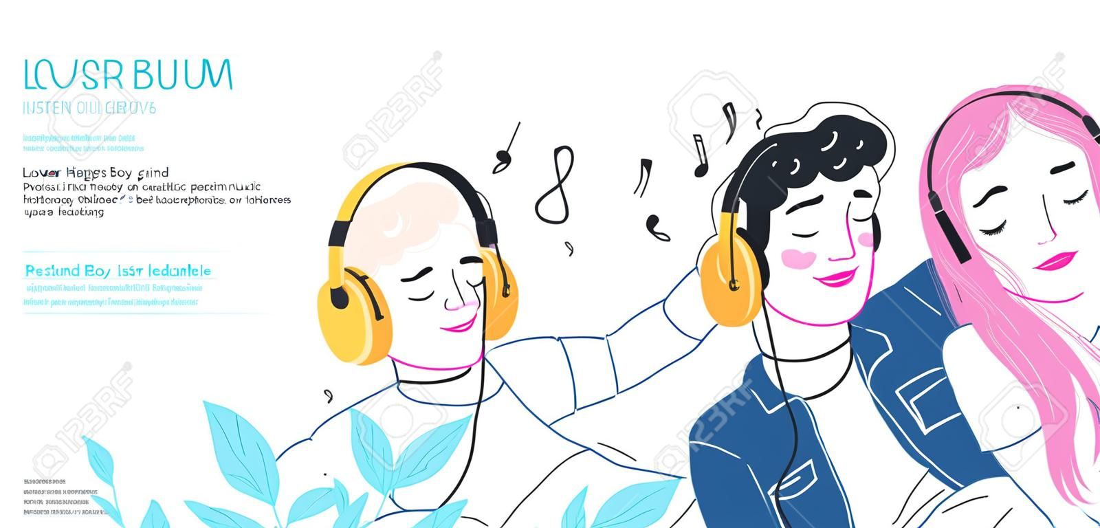 Los amantes del niño y la niña escuchan música en auriculares.