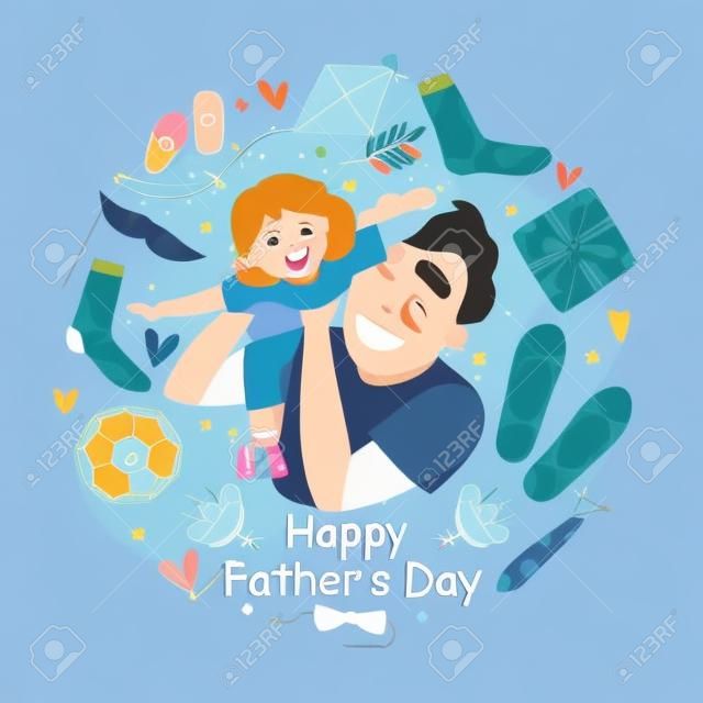 Happy Fathers Day greeting card. Young Father hugging his toddler daughter at home. Father and daughter together. Fathers day vector illustration set in modern style