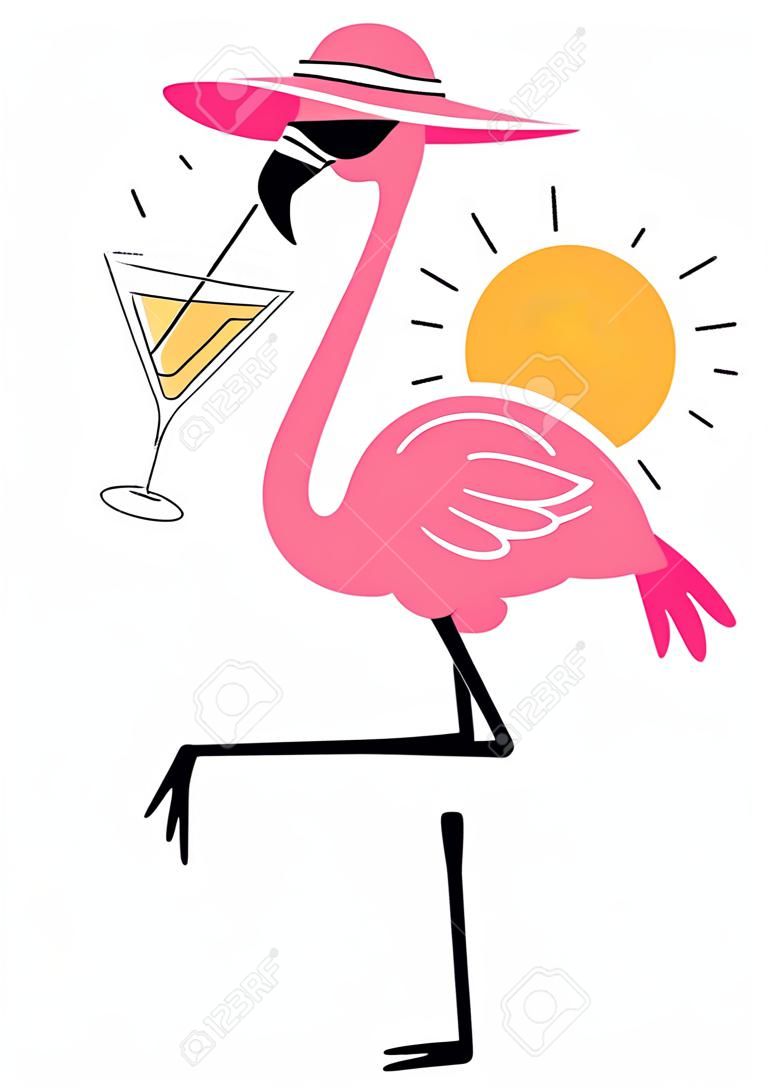 Vector illustration of beautiful pink flamingo in sun hat and sunglasses drinking cocktail and standing on one leg on white background with sun. Flat style design of flamingo for web, site, banner, card, sticker, print