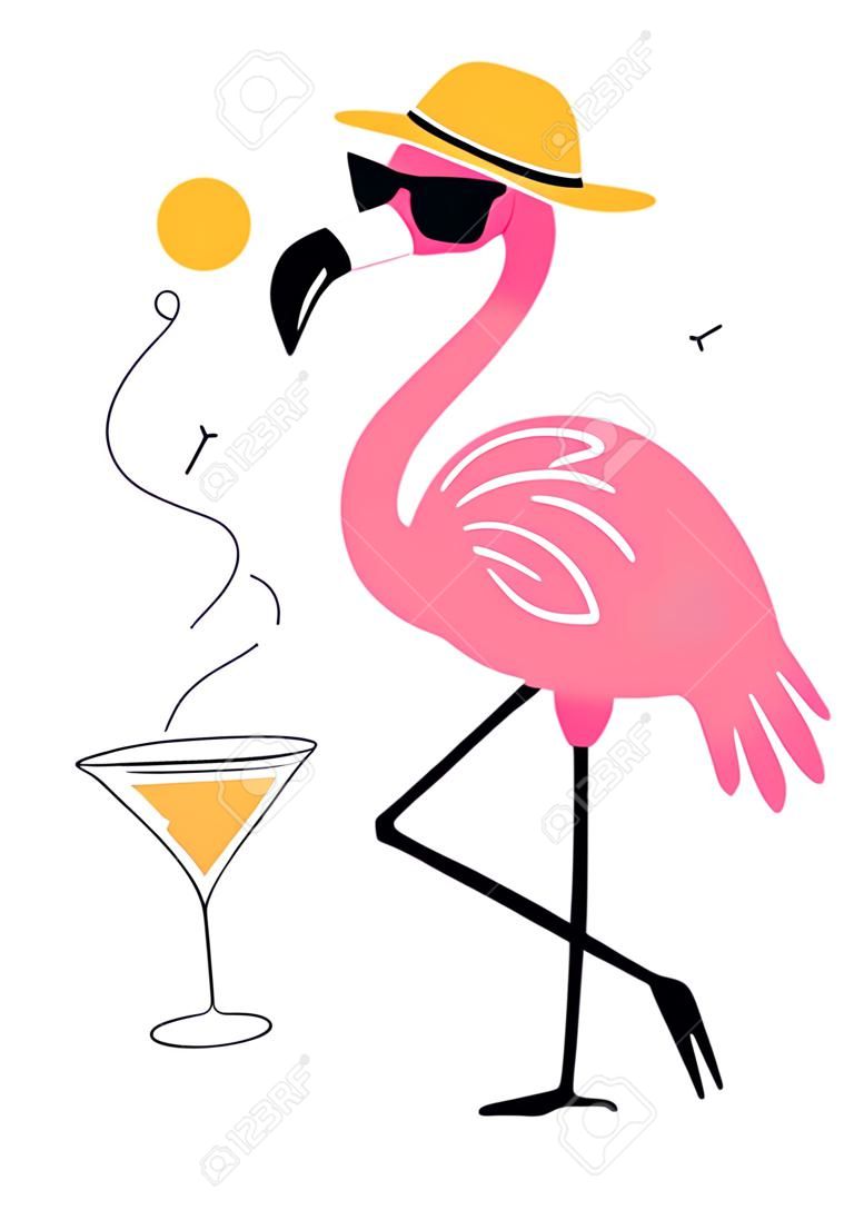 Vector illustration of beautiful pink flamingo in sun hat and sunglasses drinking cocktail and standing on one leg on white background with sun. Flat style design of flamingo for web, site, banner, card, sticker, print