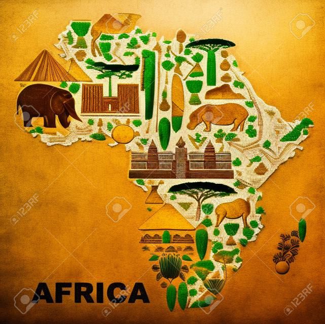 Símbolos de la naturaleza, la cultura y la arquitectura de África en la forma de un mapa