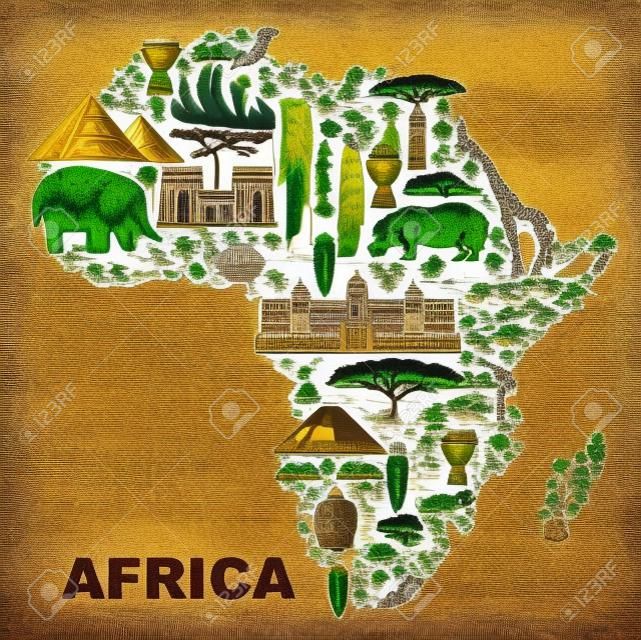 Símbolos de la naturaleza, la cultura y la arquitectura de África en la forma de un mapa