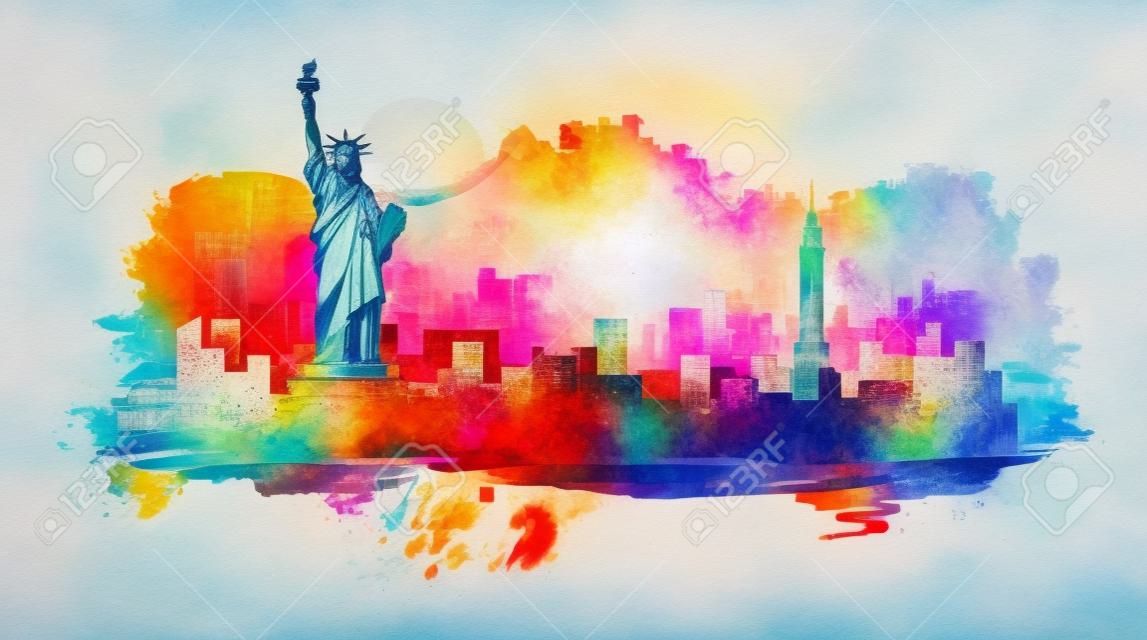 Abstract landscape of the city with sights of the USA on paint spots