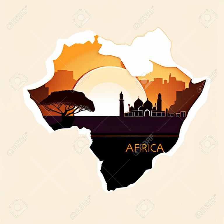Abstrakte Landschaft mit den Sehenswürdigkeiten Afrikas bei Sonnenuntergang. Vektorillustration in Form einer Karte von Afrika