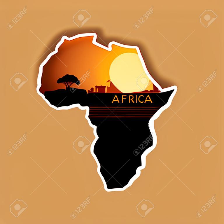 Abstrakte Landschaft mit den Sehenswürdigkeiten Afrikas bei Sonnenuntergang. Vektorillustration in Form einer Karte von Afrika