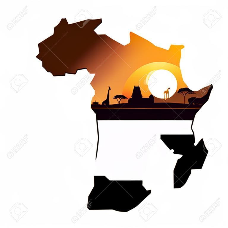 Abstract landscape with the sights of Africa at sunset. Vector illustration in the shape of a map of Africa