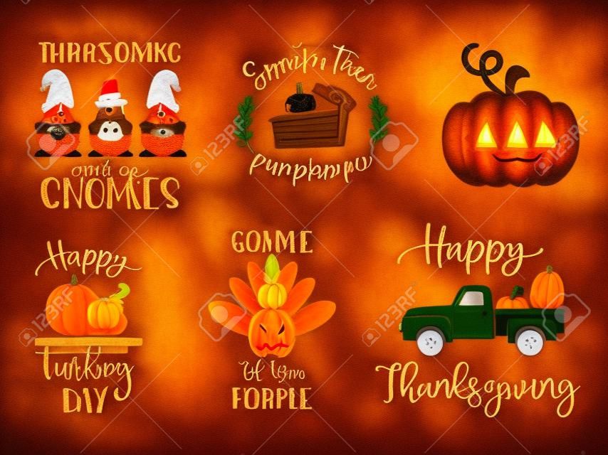 Traditionele Thanksgiving symbolen - pompoenen, kalkoen, kabouters, gewassen, boerderij vrachtwagen, taart met grappige inscripties