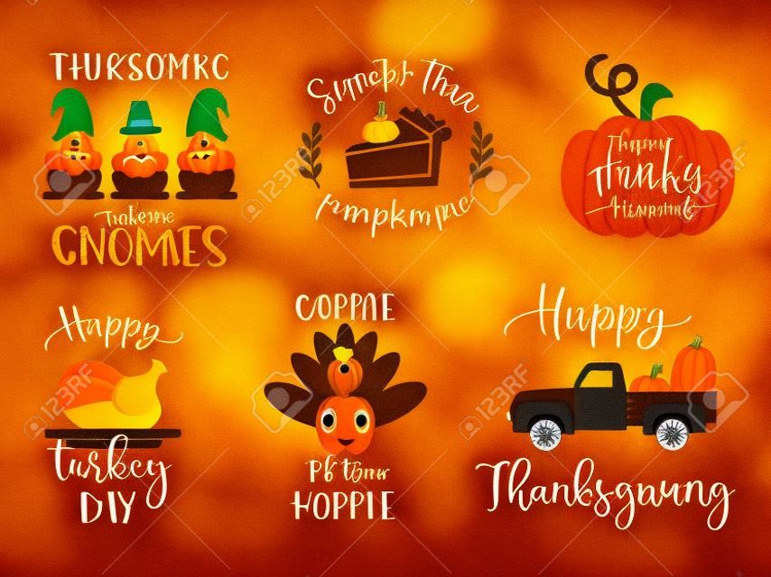 Traditionele Thanksgiving symbolen - pompoenen, kalkoen, kabouters, gewassen, boerderij vrachtwagen, taart met grappige inscripties