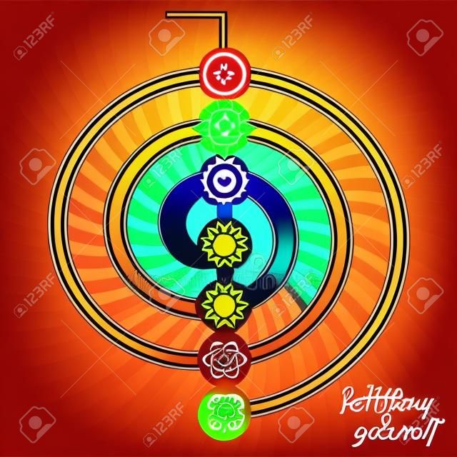 Chakra pictograms on choku rei symbol. Set of chakras used in Hinduism, Buddhism and Ayurveda. Elements for your design. Vector illustration