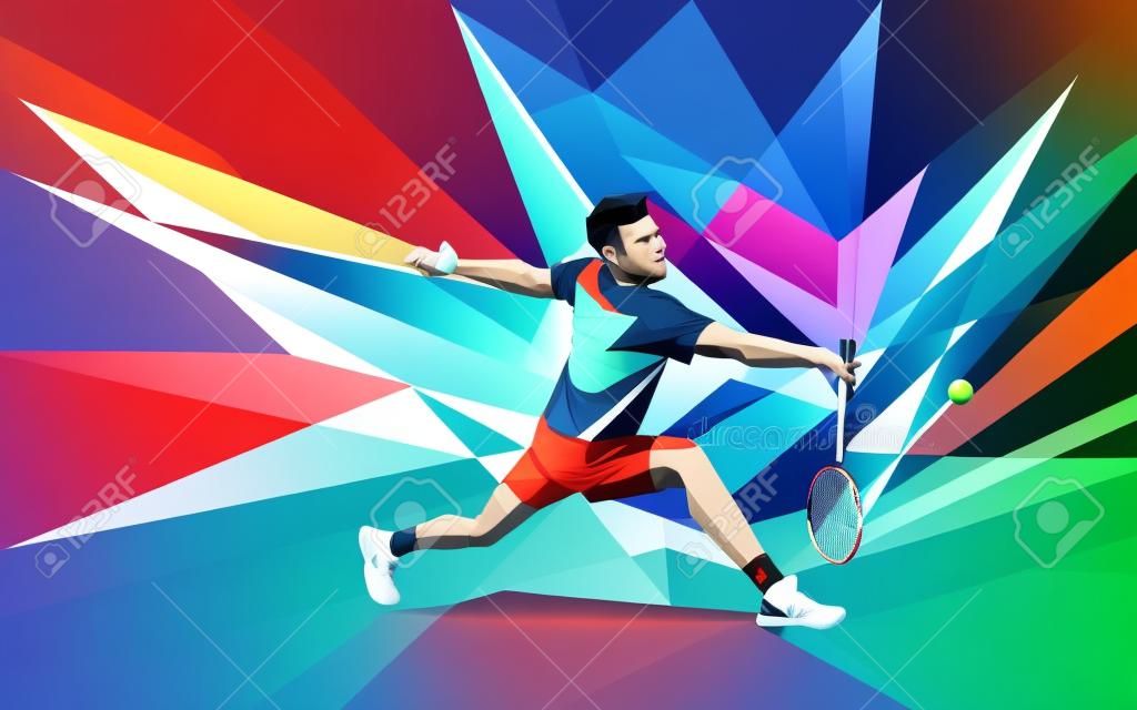 Polygonale joueur de badminton professionnelle géométrique sur fond coloré low poly faire Smash tir avec un espace pour flyer, affiche, web, brochure, magazine. Vector illustration