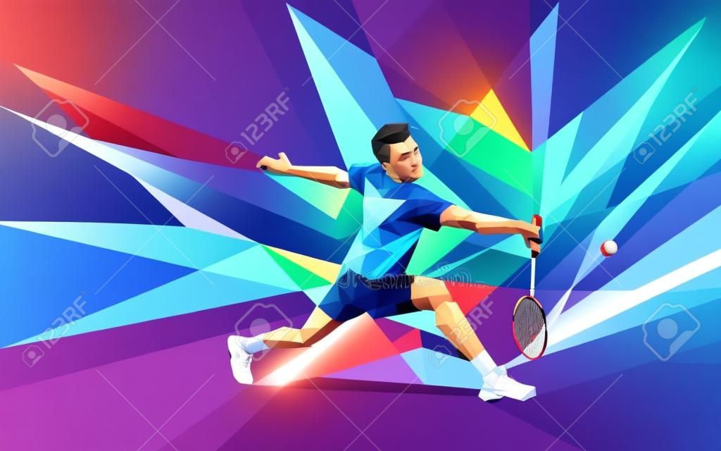 Polygonale joueur de badminton professionnelle géométrique sur fond coloré low poly faire Smash tir avec un espace pour flyer, affiche, web, brochure, magazine. Vector illustration