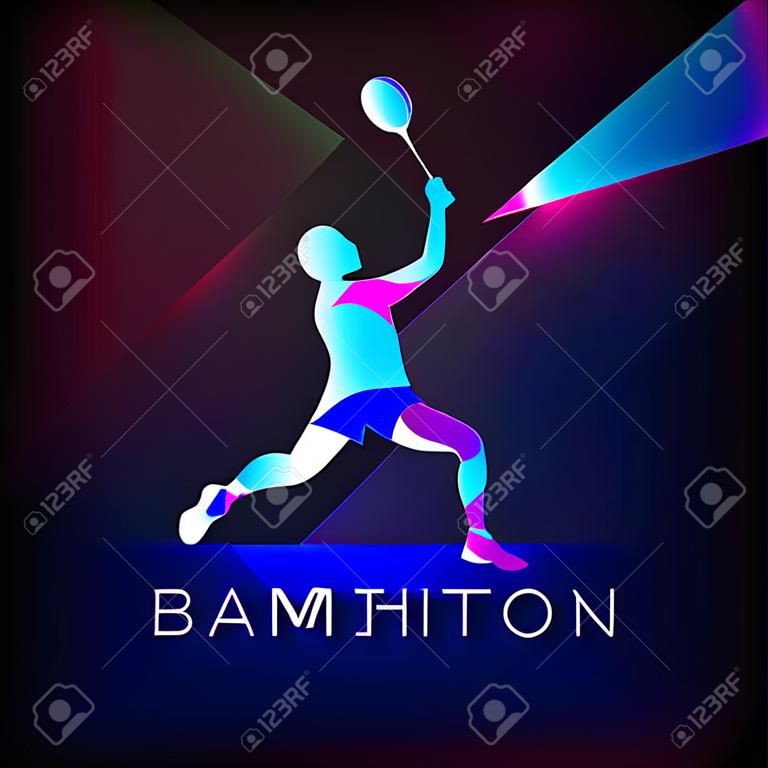 Badminton logosu. Badminton sporunda oyun için logo. Özet profesyonel badminton oyuncusu. Bir badminton oyuncunun siluet, vektör çizim