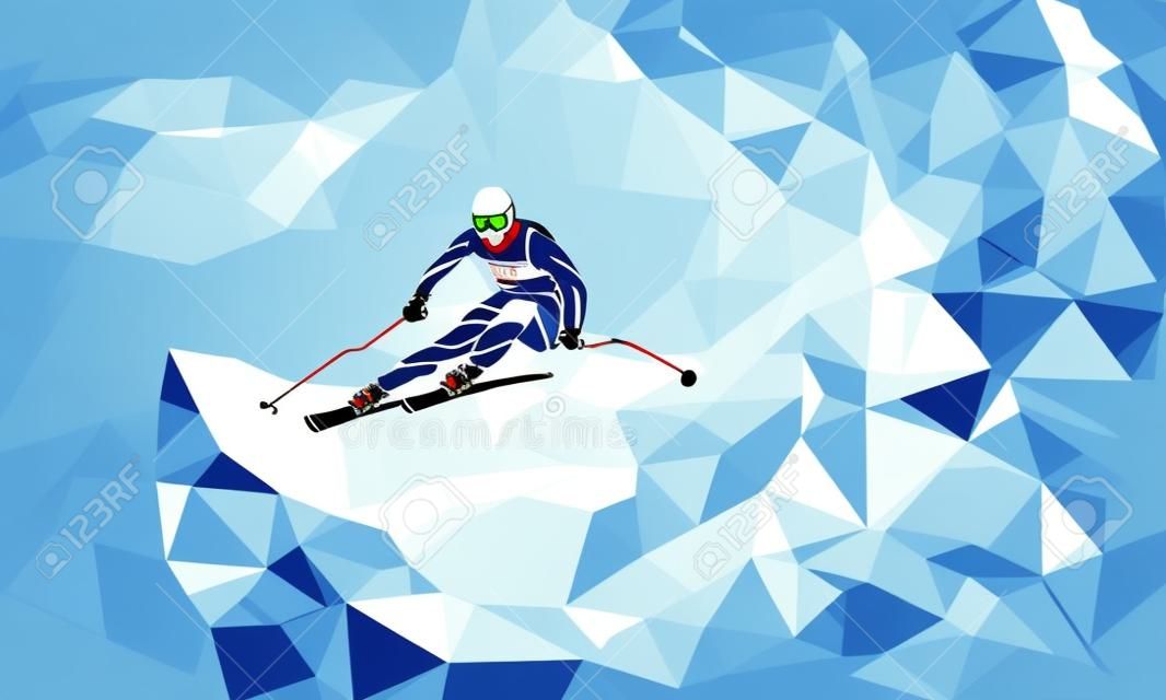 Горнолыжный спуск. Творческий силуэт лыжника. Гигантский слалом горнолыжник. Векторная иллюстрация