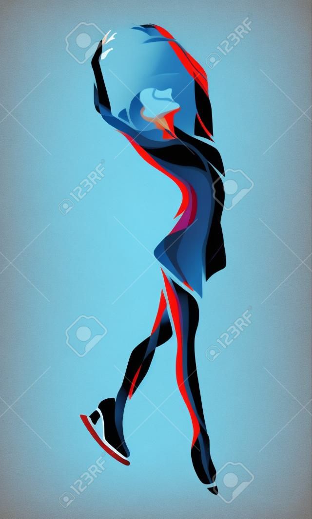 illustration of cartoon skating girl. Ladies figure skating. Color figure ice skating silhouette