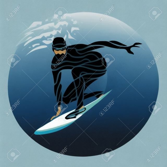 Creative silhouette of surfer. Isolated surfing man with wave - clipart illustration