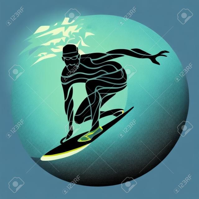 Silhueta criativa de surfista. Homem de surf isolado com onda - ilustração clipart