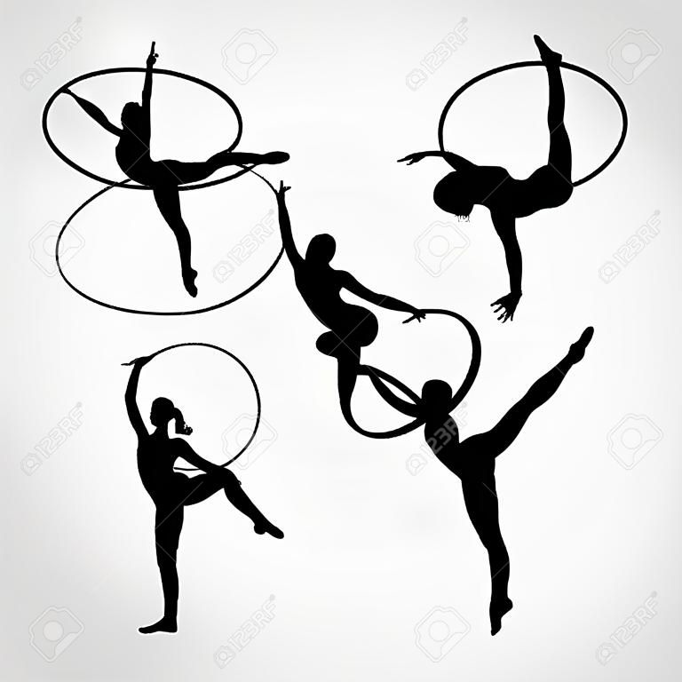Colección 4 siluetas creativas de las niñas de gimnasia con el aro. conjunto de gimnasia arte, negro y blanco ilustración
