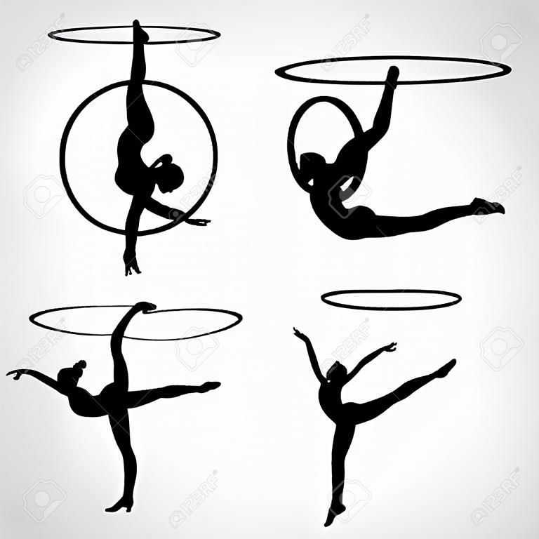 Collection 4 Creative silhouettes of gymnastic girls with hoop. Art gymnastics set, black and white illustration