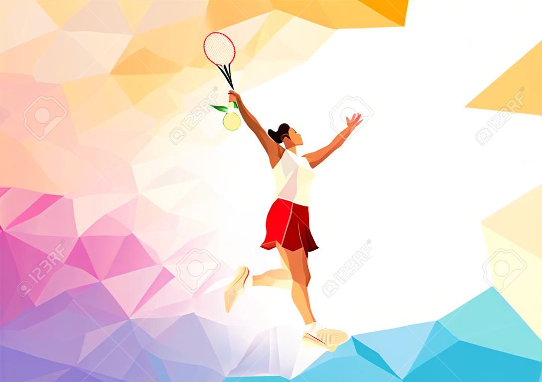 Fundo de triângulo colorido incomum: jogador de badminton profissional poligonal geométrico, durante o esmagamento
