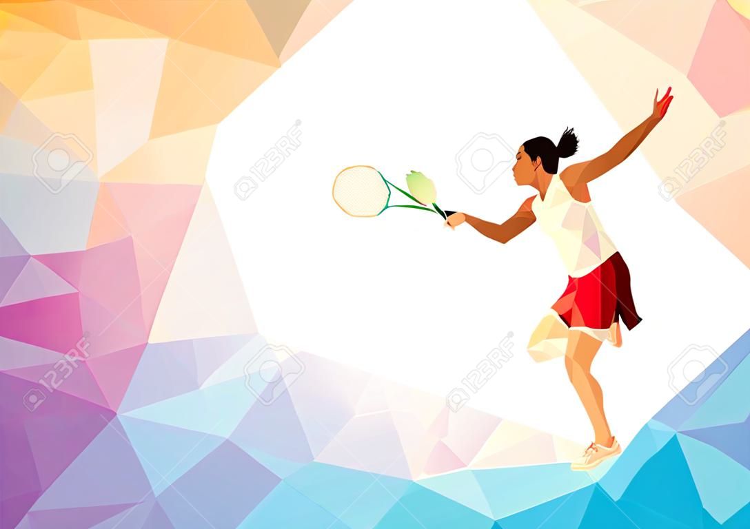 Fundo de triângulo colorido incomum: jogador de badminton profissional poligonal geométrico, durante o esmagamento