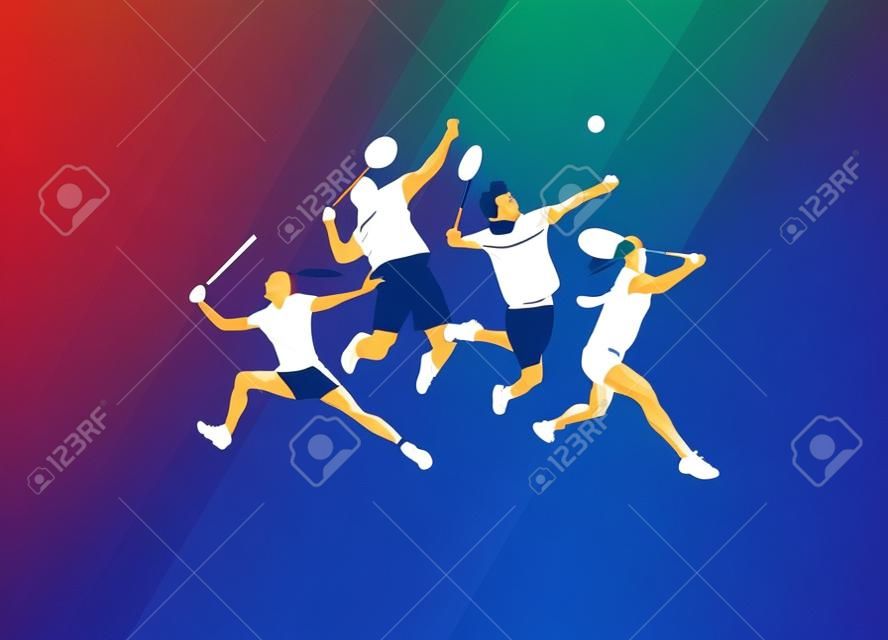 plakat sportowy z graczy badmintona kolorowych na ciemnym tle. Trendy wielokąty, ilustracji wektorowych