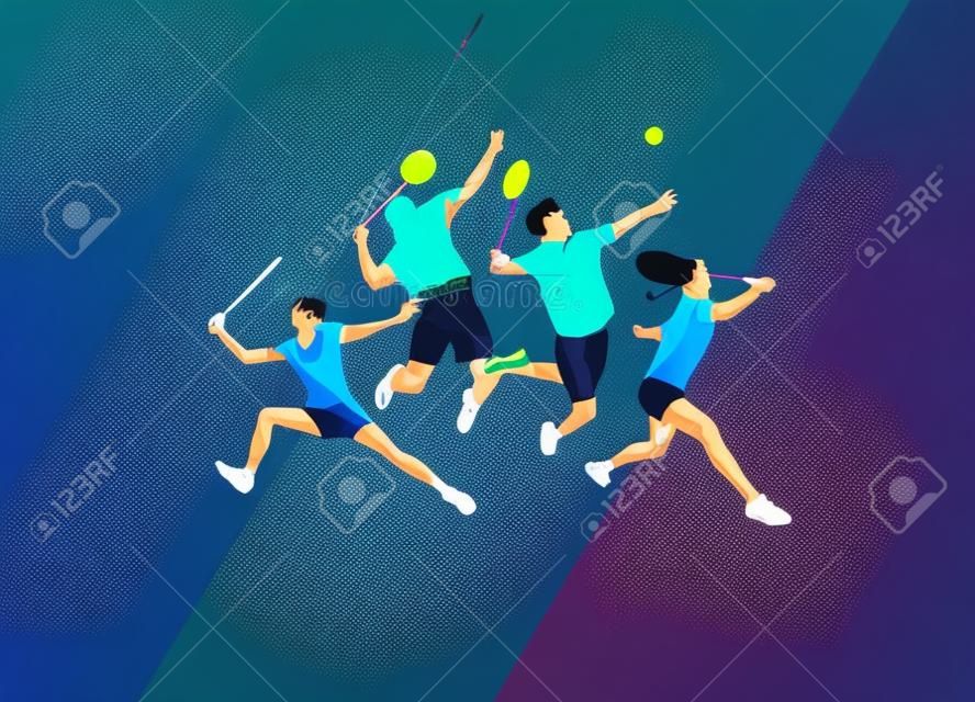 affiche de sport avec des joueurs de badminton colorés sur fond noir. polygones à la mode, illustration vectorielle